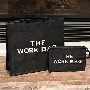 🌙 B84 Woven linen Black 'The Work Bag' Tote and Pouch Set